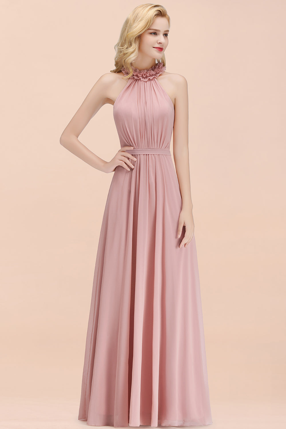 A-line Chiffon Halter Sleeveless Ruffled Floor Length Bridesmaid Dress