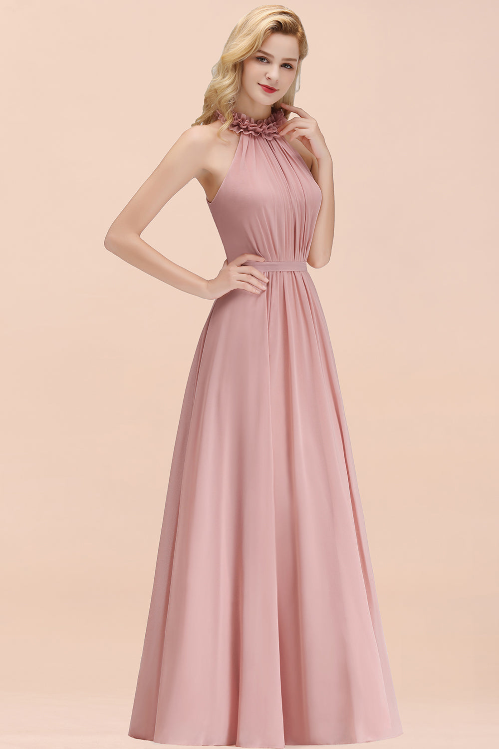 A-line Chiffon Halter Sleeveless Ruffled Floor Length Bridesmaid Dress