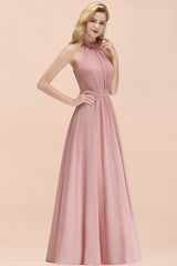 A-line Chiffon Halter Sleeveless Ruffled Floor Length Bridesmaid Dress