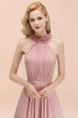 A-line Chiffon Halter Sleeveless Ruffled Floor Length Bridesmaid Dress