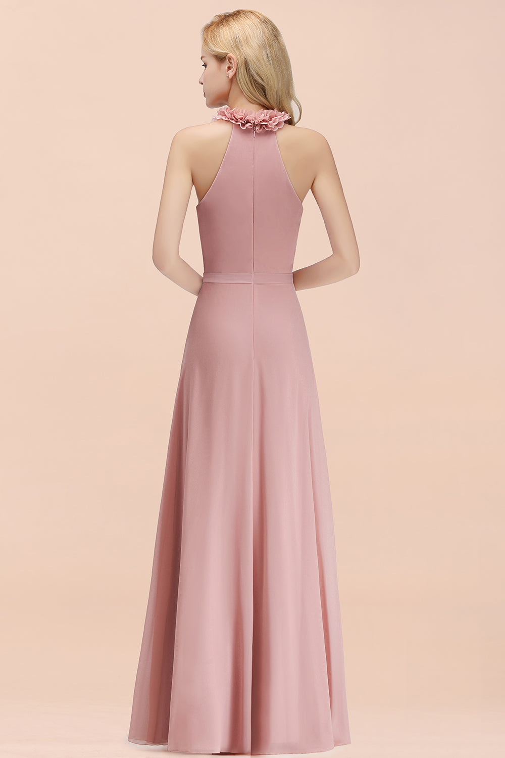 A-line Chiffon Halter Sleeveless Ruffled Floor Length Bridesmaid Dress