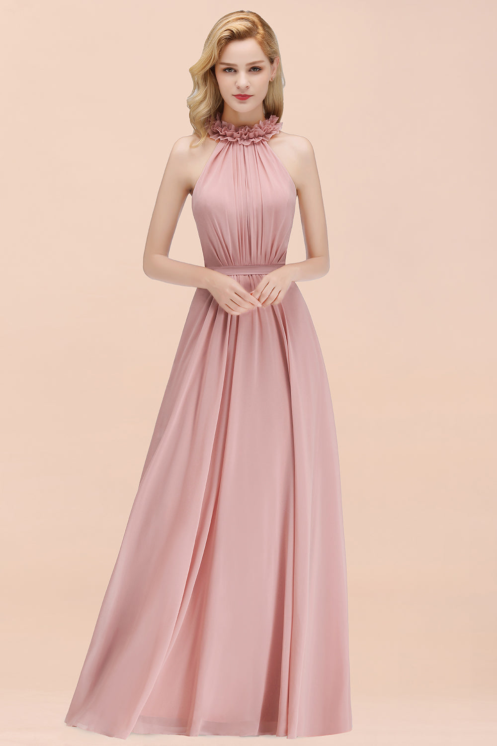 A-line Chiffon Halter Sleeveless Ruffled Floor Length Bridesmaid Dress
