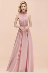 A-line Chiffon Halter Sleeveless Ruffled Floor Length Bridesmaid Dress