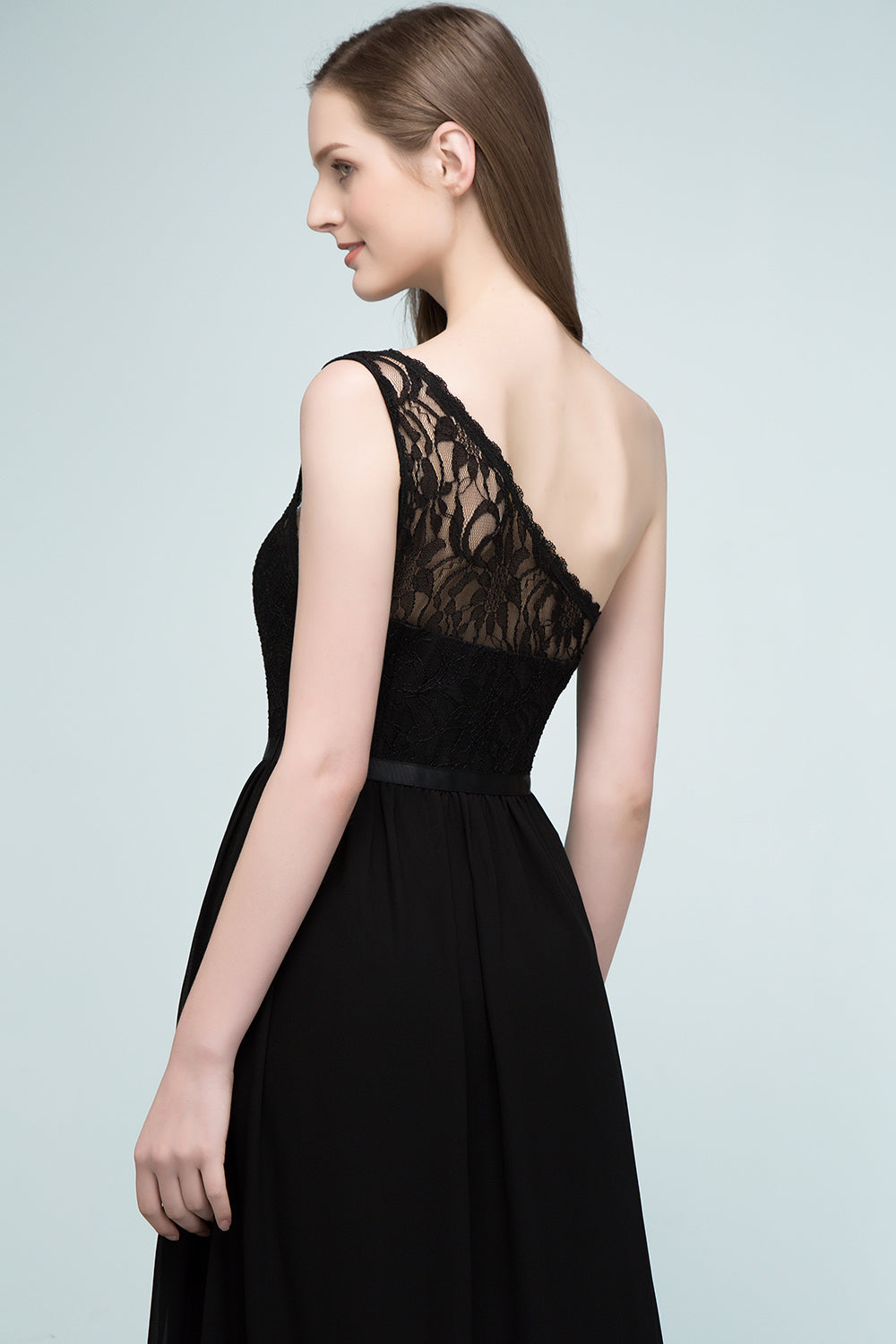 A-line One Shoulder Floor Length Lace Chiffon Bridesmaid Dresses with Sash
