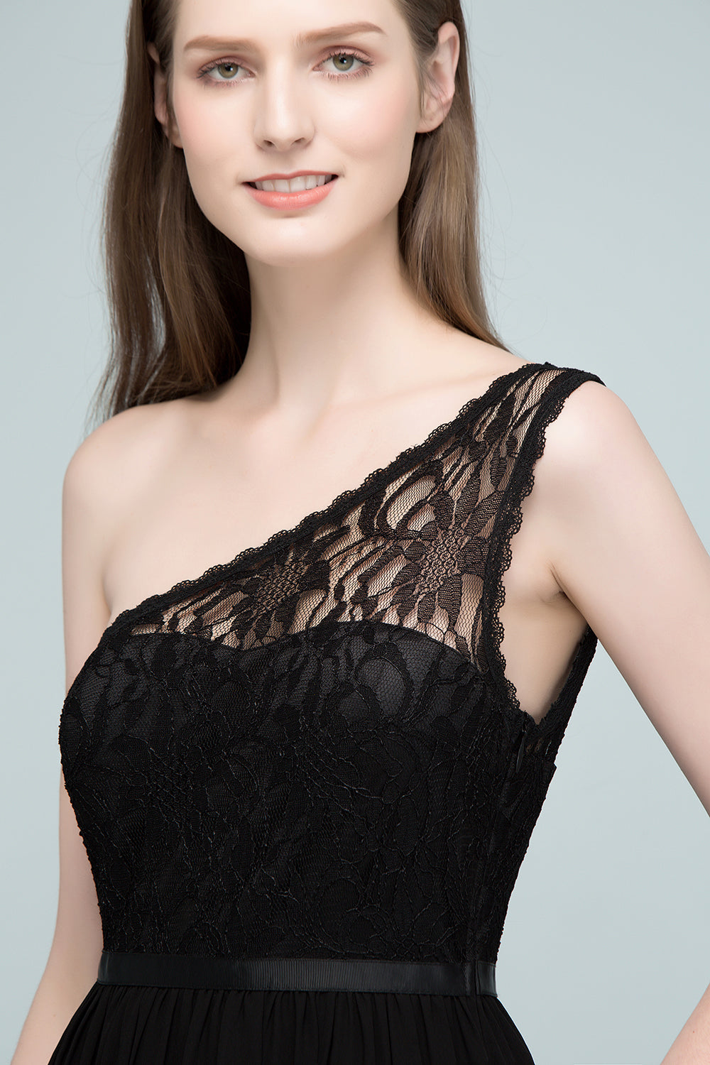 A-line Chiffon Lace One Shoulder Floor Length Bridesmaid Dress Floor Length with Sash