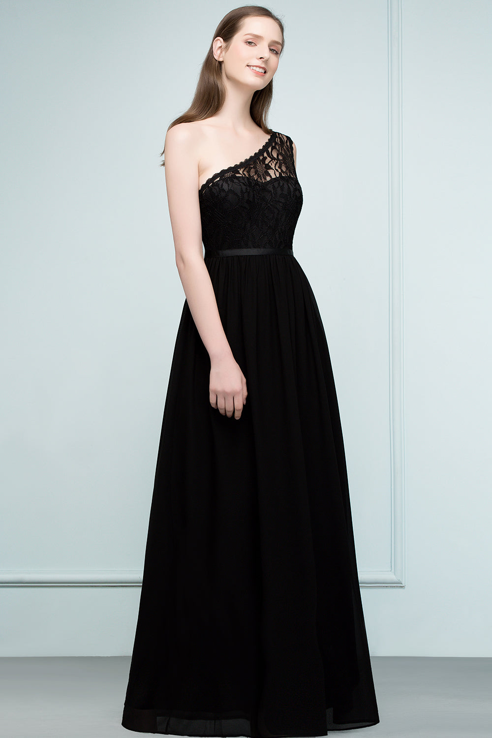 A-line One Shoulder Floor Length Lace Chiffon Bridesmaid Dresses with Sash