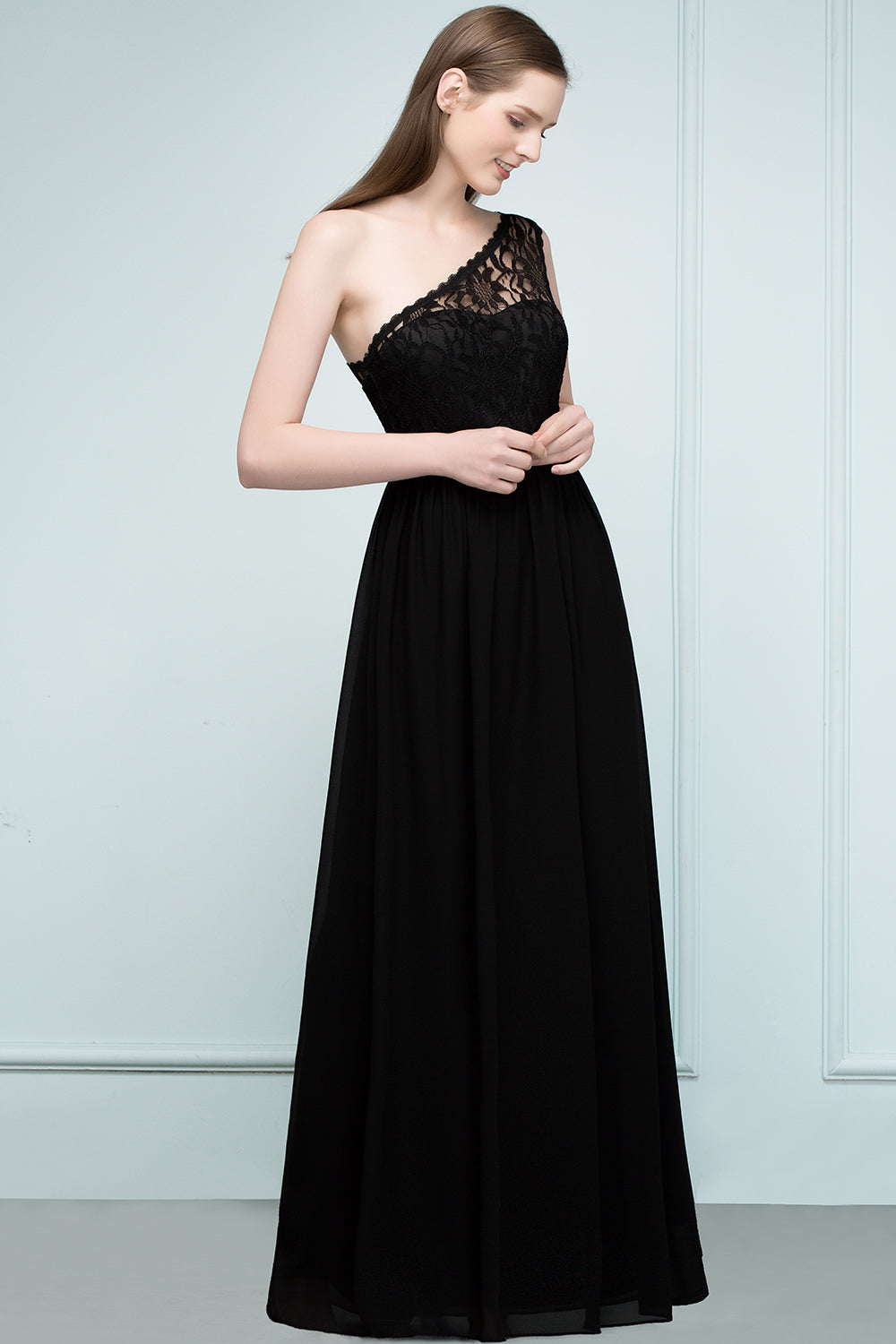 A-line Chiffon Lace One Shoulder Floor Length Bridesmaid Dress Floor Length with Sash