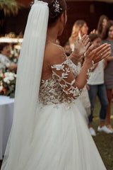 Elegant Long A-line Tulle Lace Wedding Dresses with Sleeves