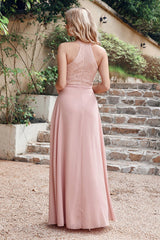 Elegant Halter Chiffon A-line Long Floral Lace Formal Evening Dress