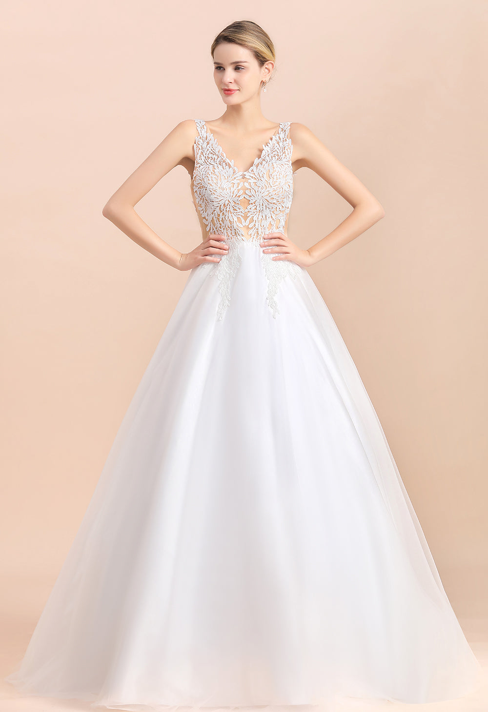 Long A-line Straps Tulle Appliques V-Neck Lace Boho Wedding Dress