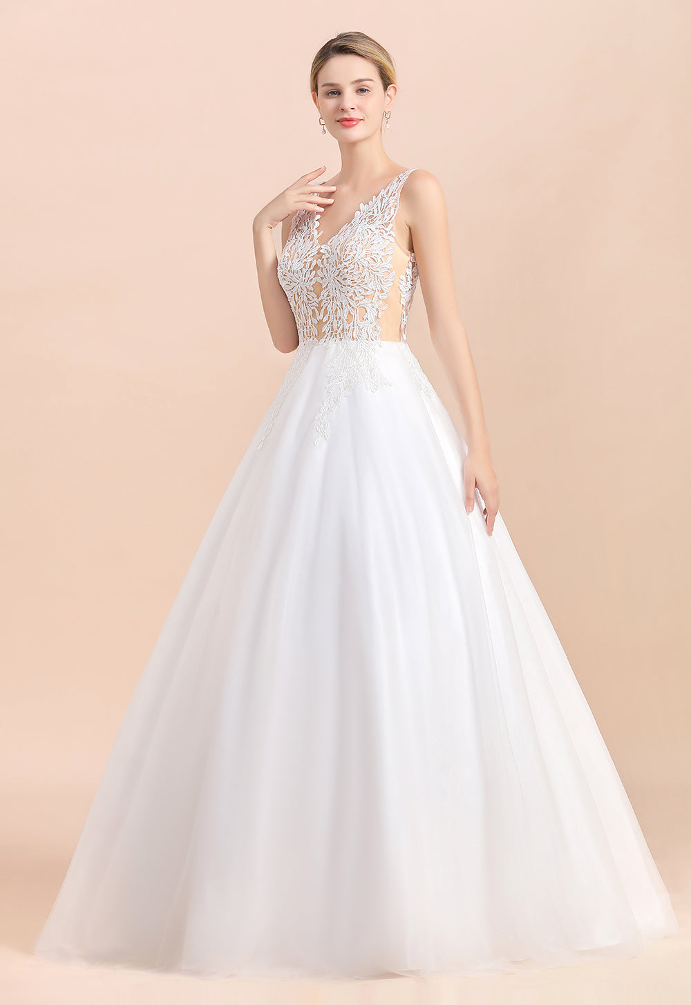 Long A-line Straps Tulle Appliques V-Neck Lace Boho Wedding Dress