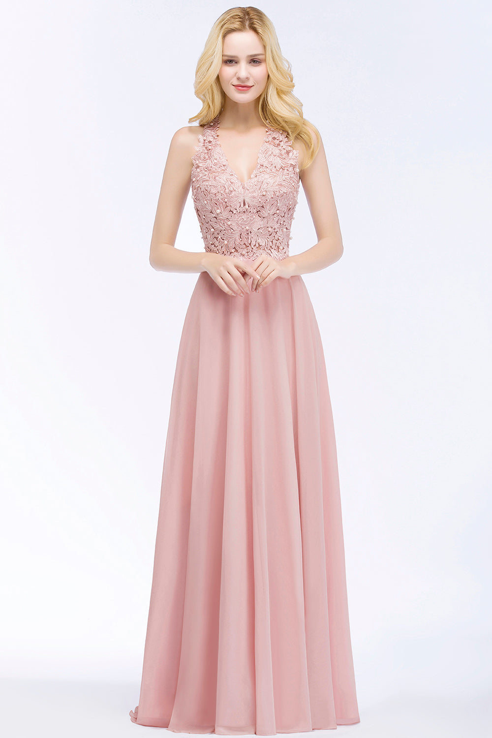A-line V-neck Sleeveless Long Appliques Chiffon Bridesmaid Dresses