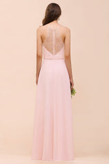 Affordable Long Shealth Spaghetti Straps Chiffon Bridesmaid Dress with Lace