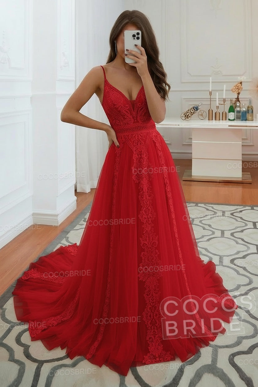 Long A-line Ruffles Open Back Tulle Lace Wedding Dress