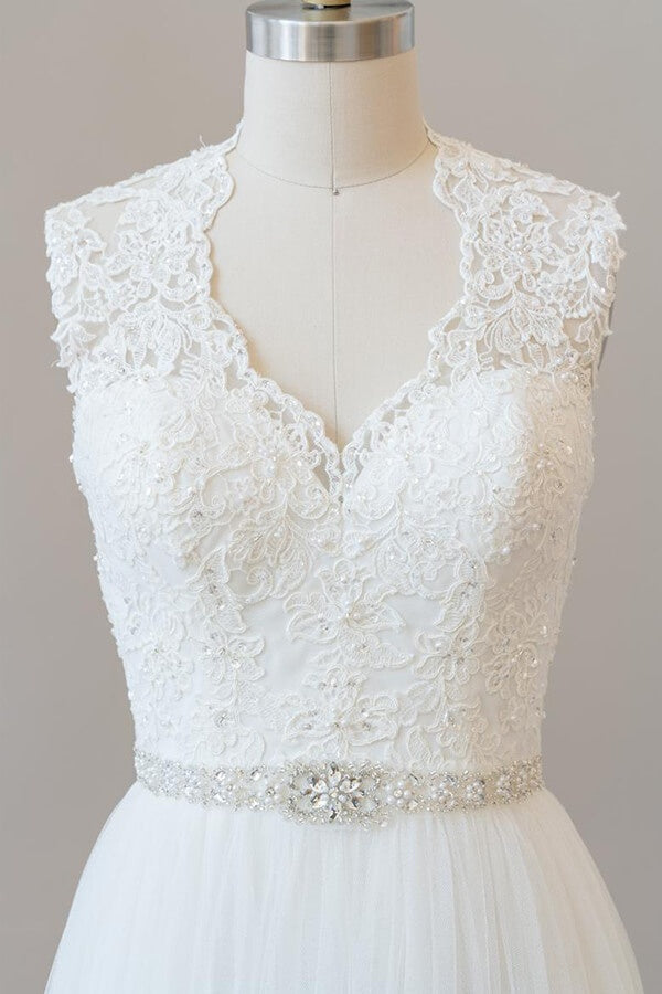 Amazing Long Beading Lace Tulle A-line Backless Wedding Dress