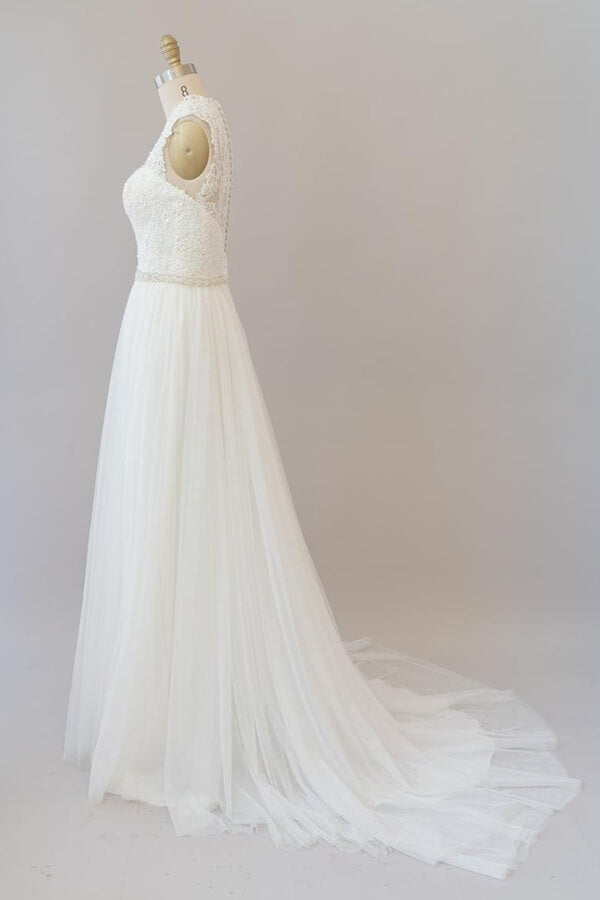 Amazing Long Beading Lace Tulle A-line Backless Wedding Dress
