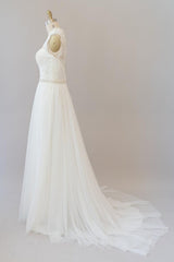 Amazing Long Beading Lace Tulle A-line Backless Wedding Dress