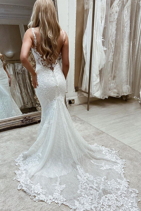 Long Mermaid Square Neckline Appliques Lace Tulle Sleeveless Wedding Dresses
