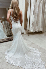 Long Mermaid Square Neckline Appliques Lace Tulle Sleeveless Wedding Dresses