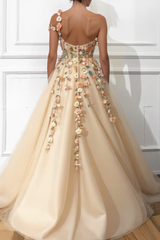 Long A-line One Shoulder Tulle Flower Prom Dress with Slit