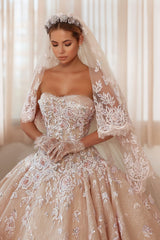 Ball Gown Strapless Appliques Lace Beads Long Wedding Dress with Train
