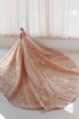 Ball Gown Strapless Appliques Lace Beads Long Wedding Dress with Train