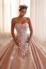 Ball Gown Strapless Appliques Lace Beads Long Wedding Dress with Train