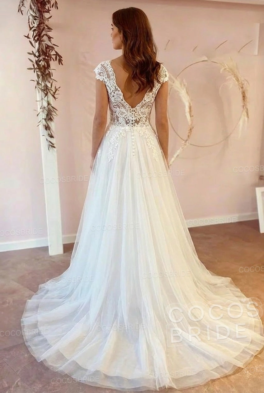 Beach Long A Line V Neck Tulle Lace Wedding Dress
