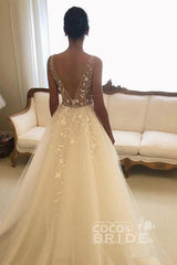 Beach Long Backless V Neck with Lace Appliques A Line Wedding Dress