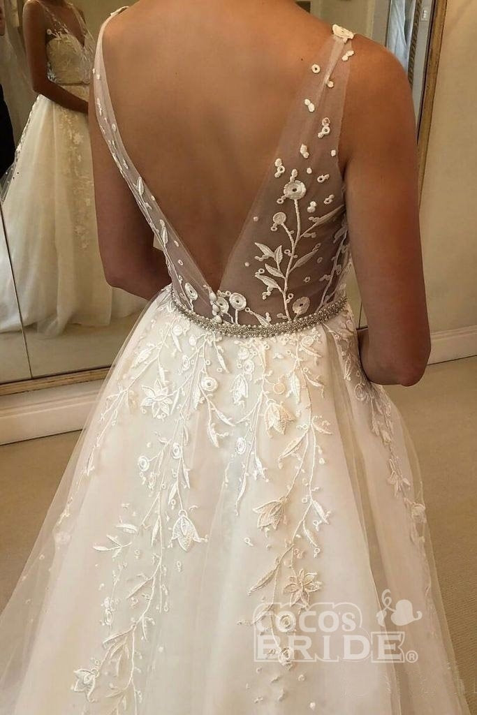 Beach Long Backless V Neck with Lace Appliques A Line Wedding Dress