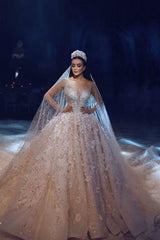 Long Ball Gown Beading Floral Lace Tulle Wedding Dresses with Sleeves