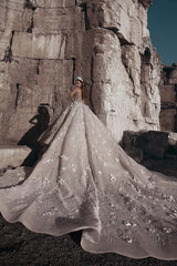 Long Ball Gown Beading Floral Lace Tulle Wedding Dresses with Sleeves