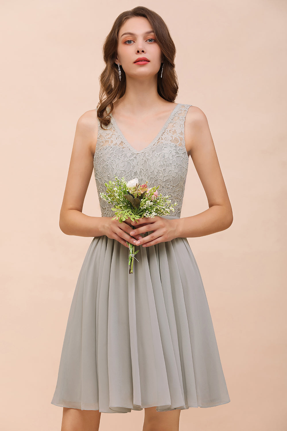 Beautiful Appliques Lace V-neck Wide Straps Short Chiffon A-Line Bridesmaid Dress