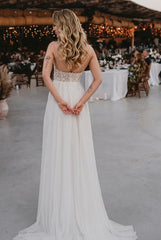 Beautiful Long A-line V-Neck Spaghetti Straps Sleeveless Lace Chiffon Wedding Dresses