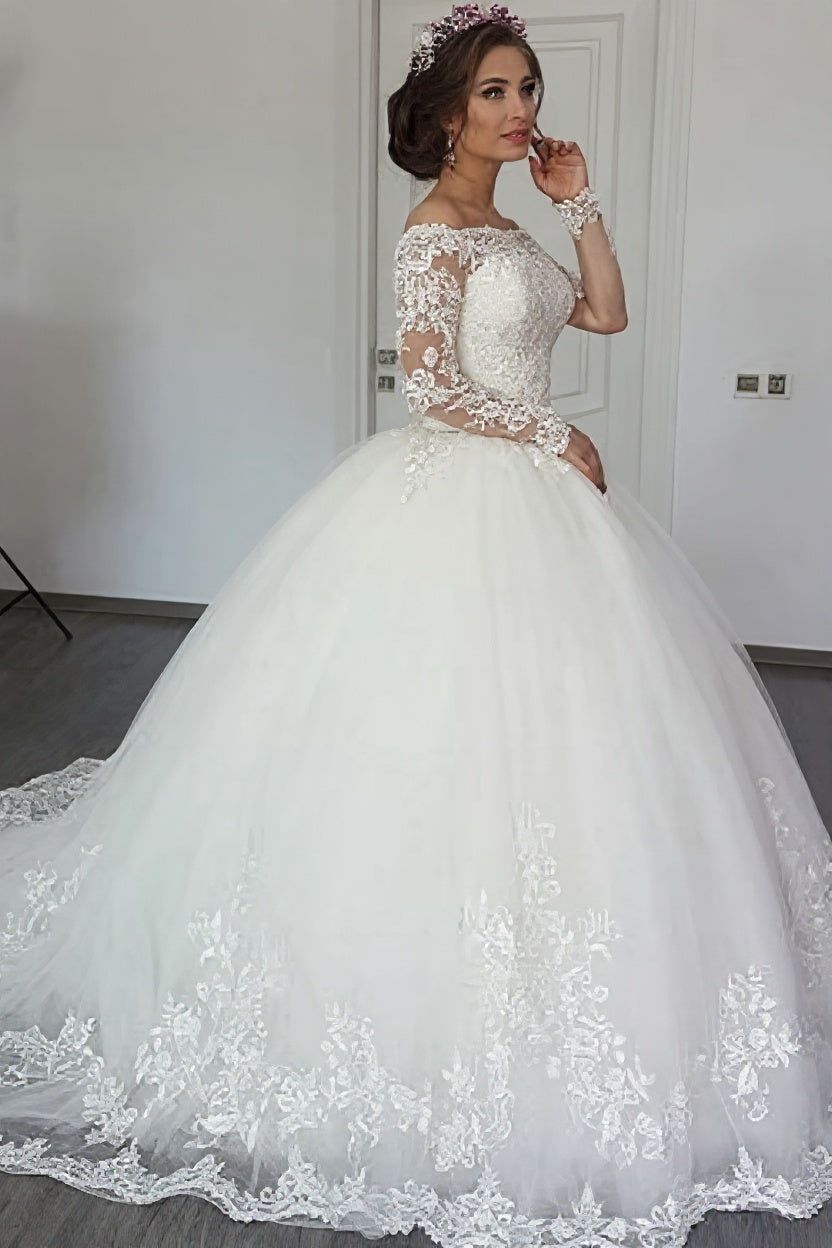 Beautiful Long Sleeve Off the Shoulder Appliques Lace Ball Gown Wedding Dress