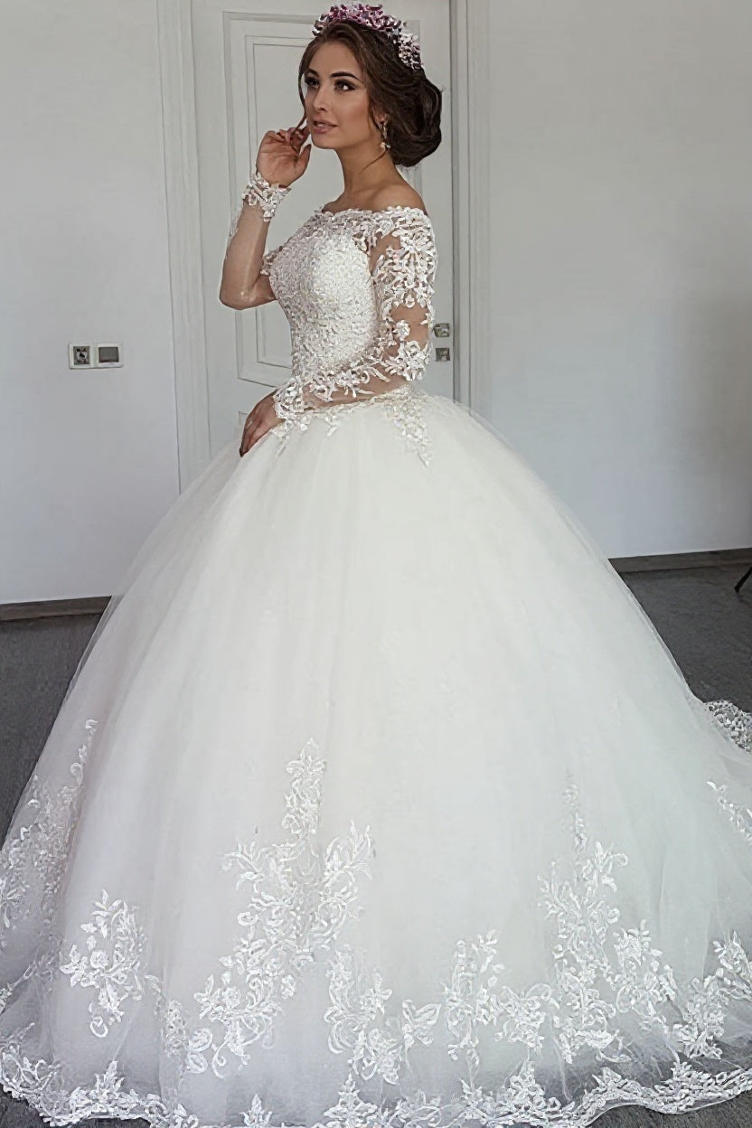 Beautiful Long Sleeve Off the Shoulder Appliques Lace Ball Gown Wedding Dress