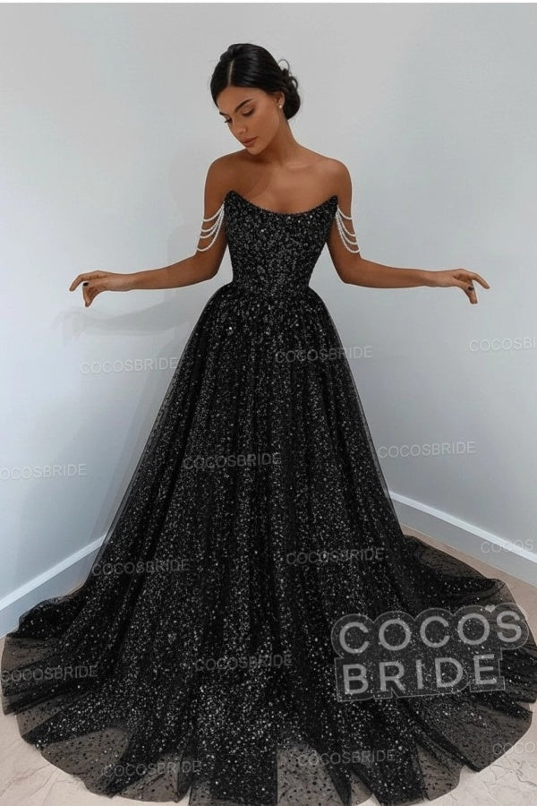 Long A-line Sparkly Sleeveless Sequined Formal Prom Dress