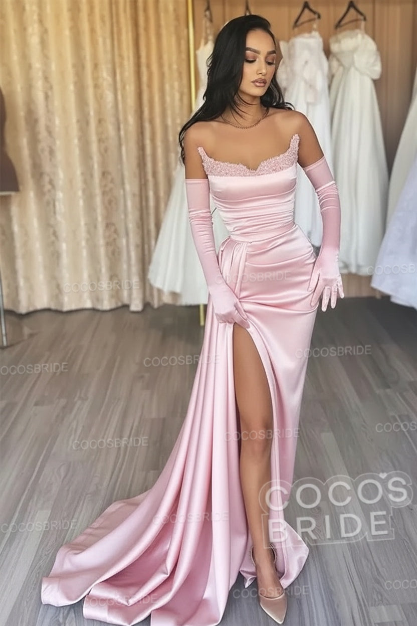 Black Long Mermaid Satin Sweetheart High Split Prom Dresses