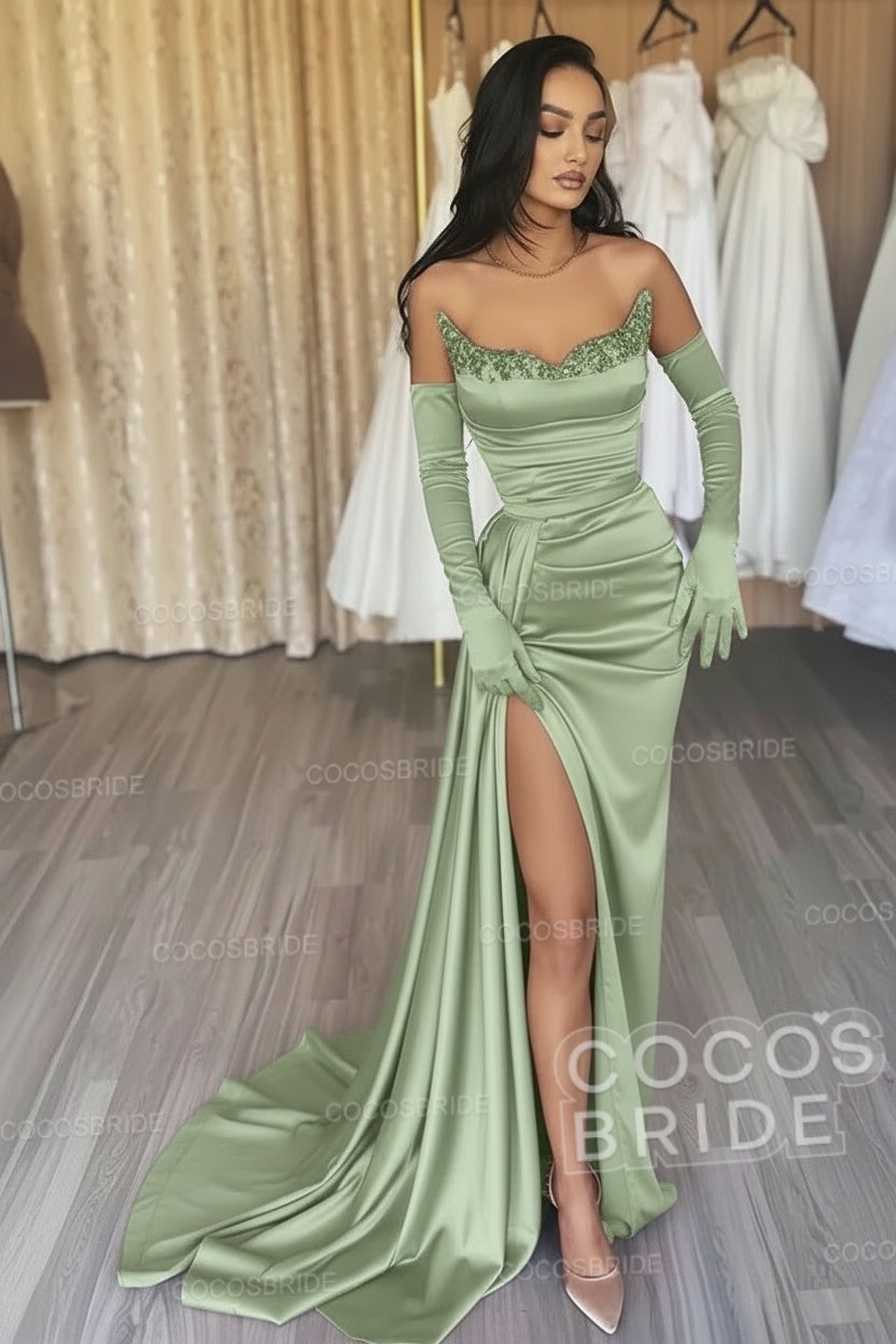 Black Long Mermaid Satin Sweetheart High Split Prom Dresses