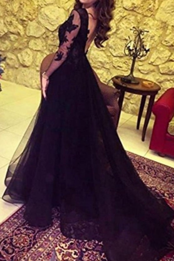 Black Long Sleeves A-line Sweetheart Tulle Lace Formal Prom Dresses with Slit