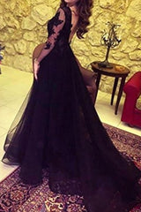 Black Long Sleeves A-line Sweetheart Tulle Lace Formal Prom Dresses with Slit