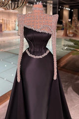 Black Long Sleeves Mermaid Satin Evening Dress with Rhinestones