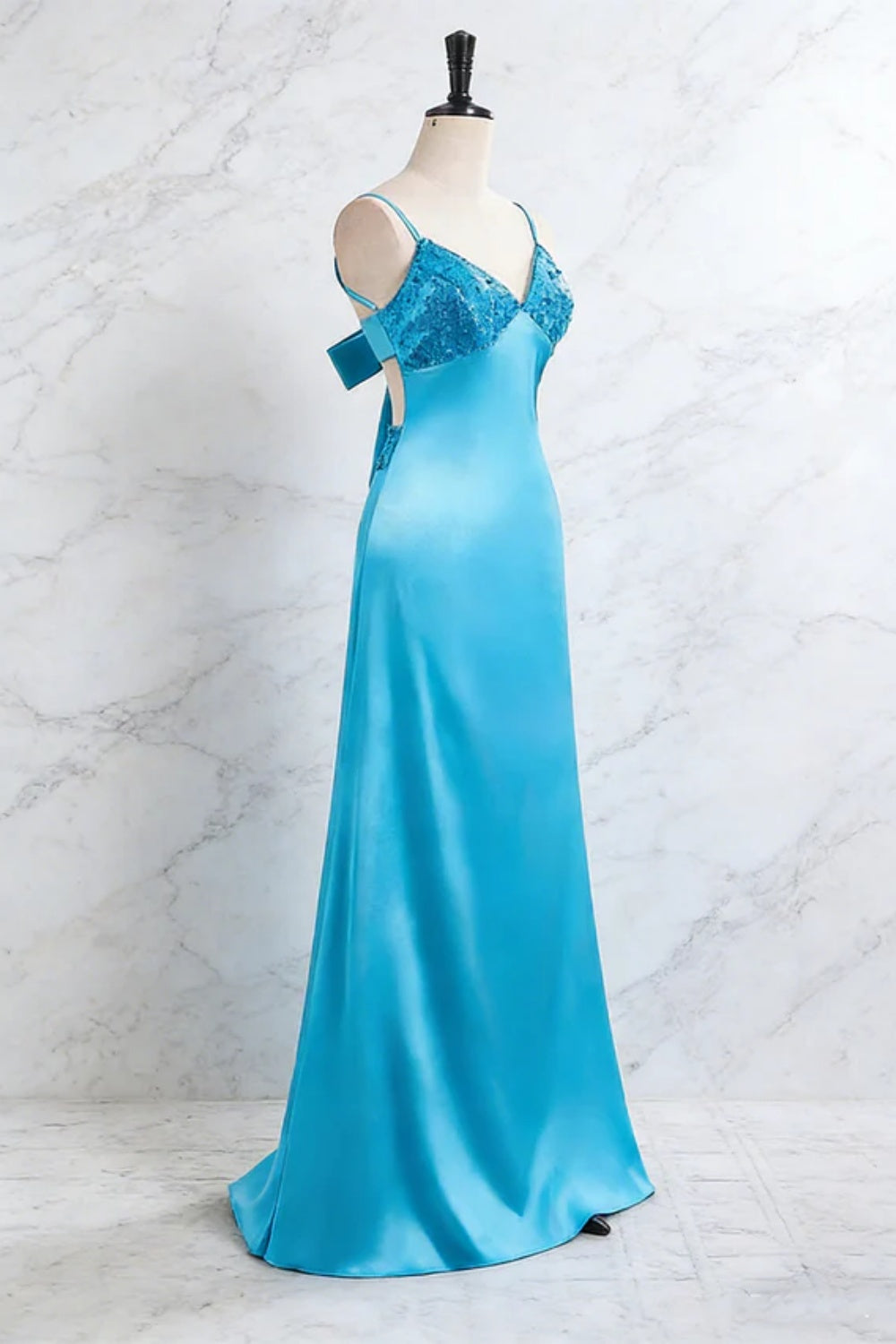 Simple Blue V-neck Satin Sheath Prom Dress with Beadings