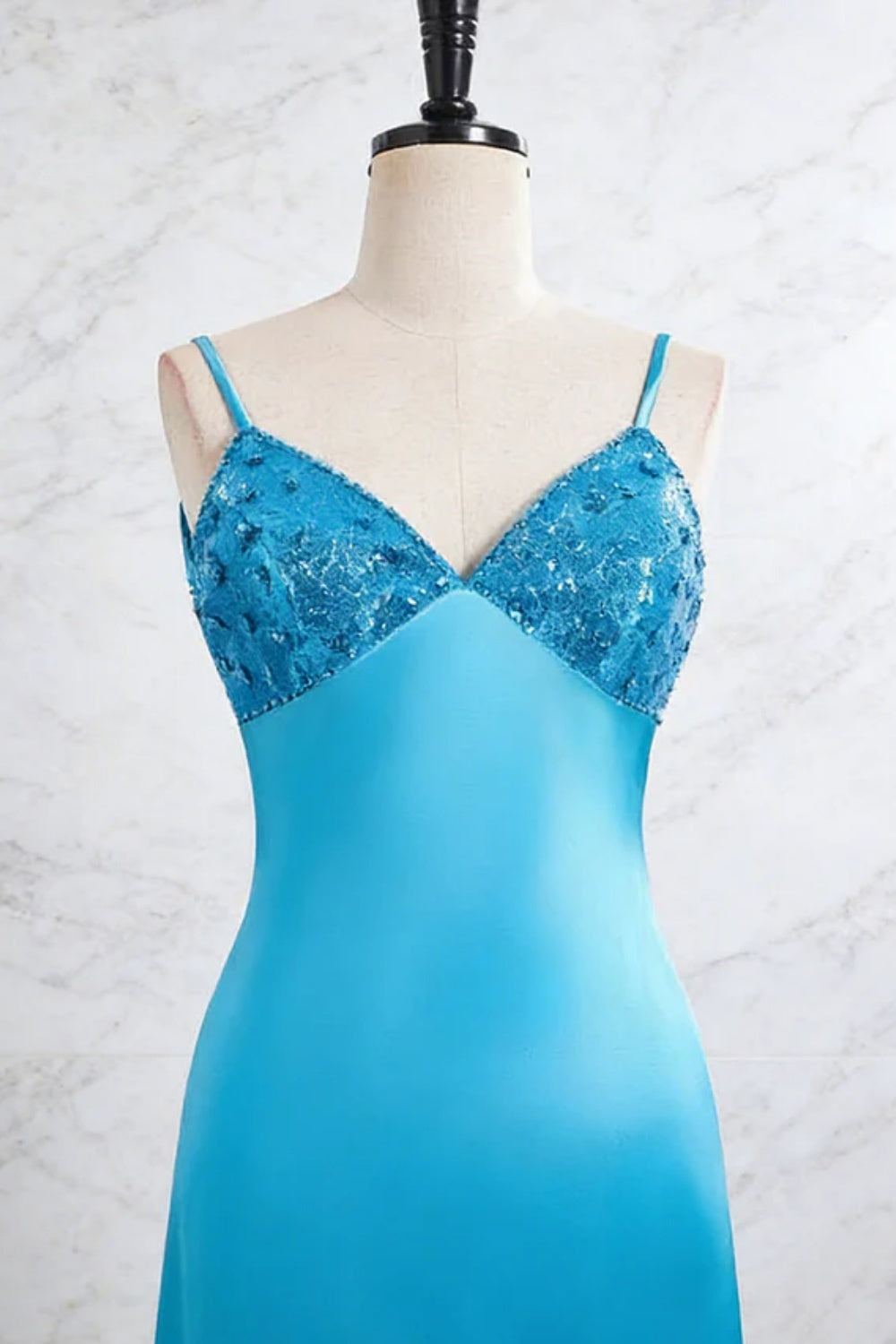 Simple Blue V-neck Satin Sheath Prom Dress with Beadings