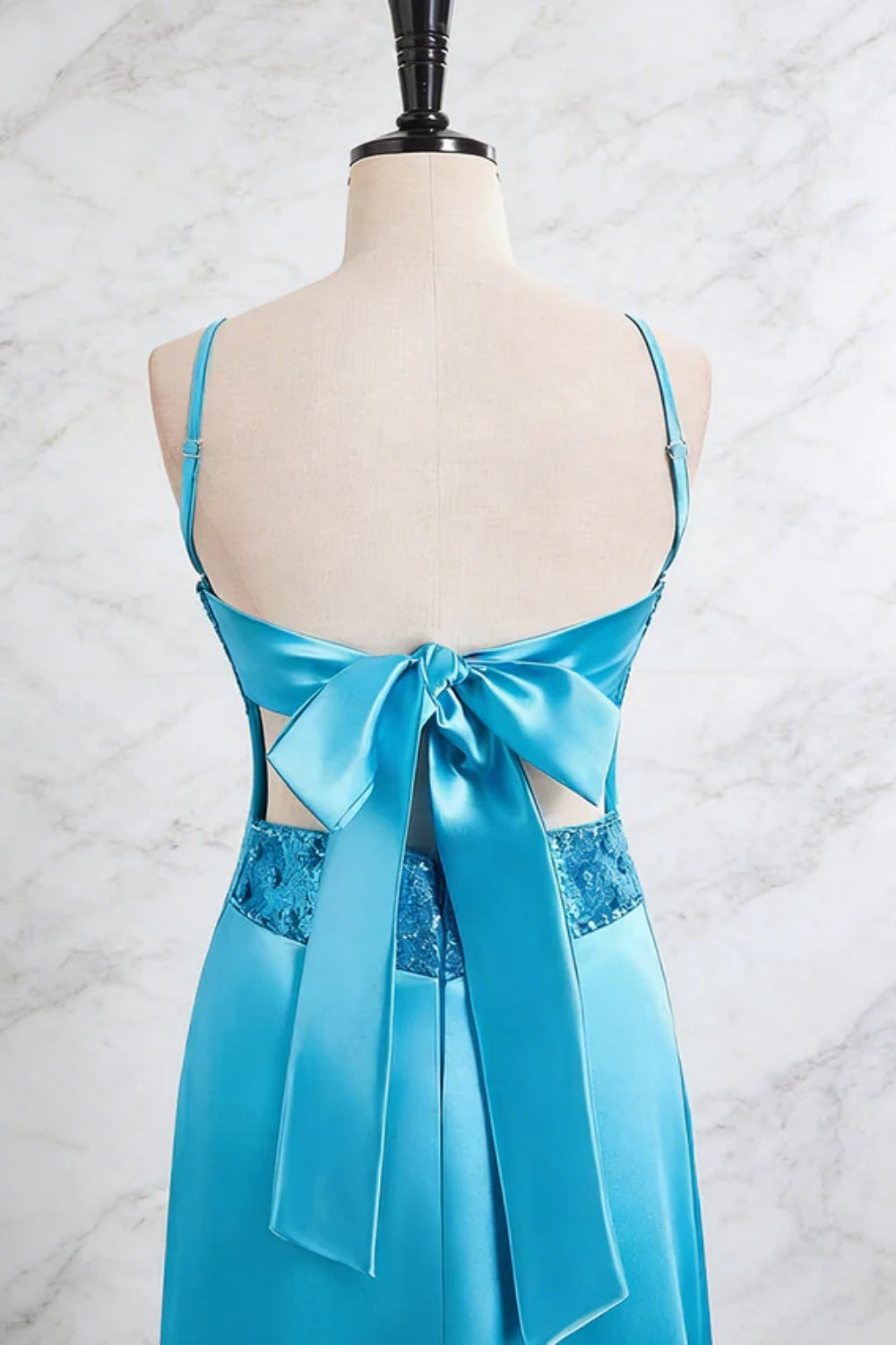 Simple Blue V-neck Satin Sheath Prom Dress with Beadings