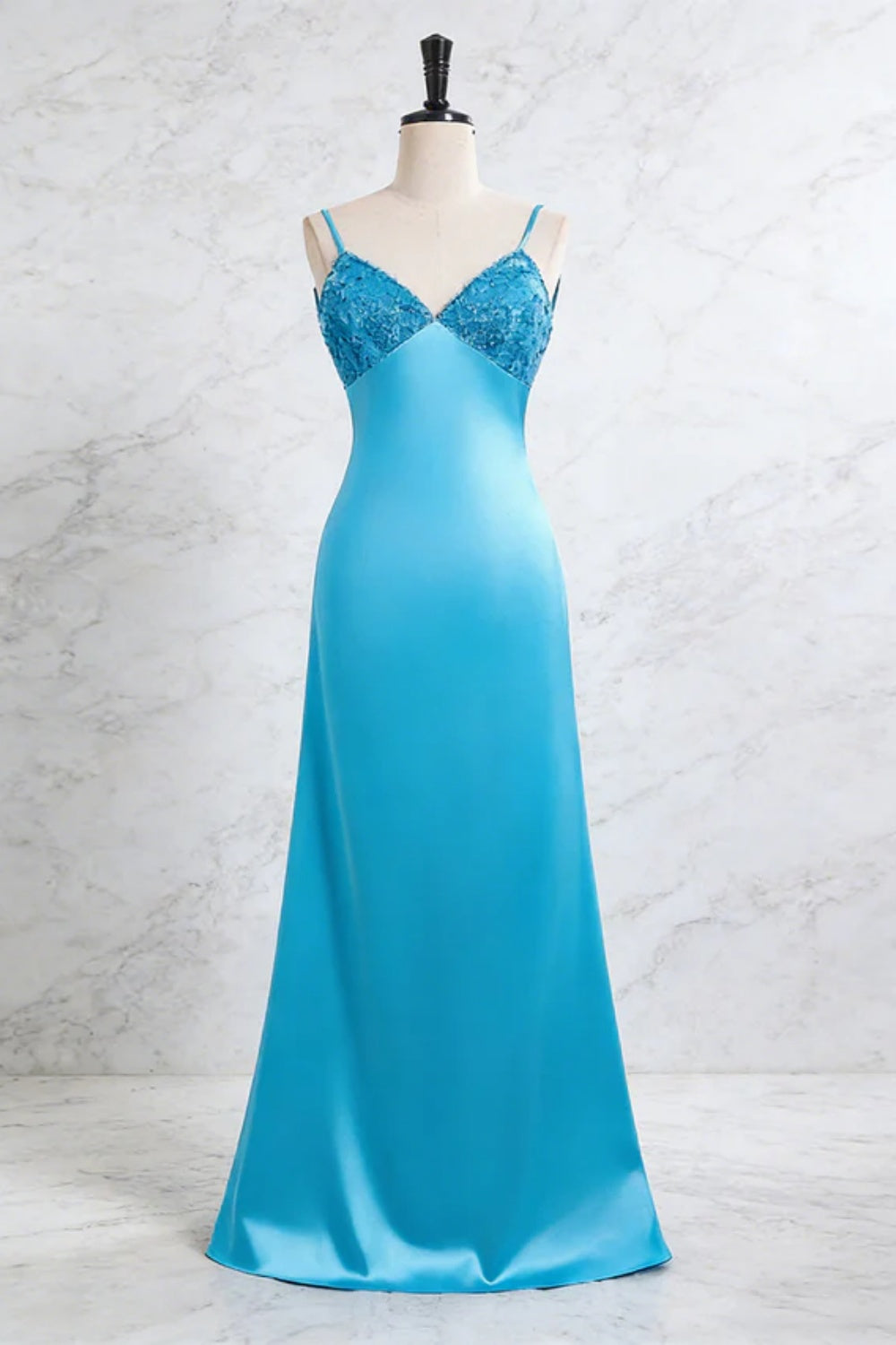 Simple Blue V-neck Satin Sheath Prom Dress with Beadings