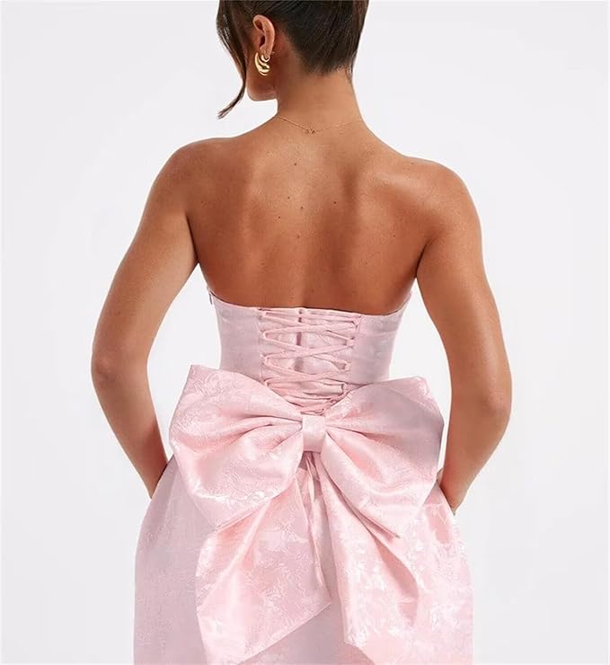 Strapless Short Ball Gown Sleeveless Lace up Jacquard Satin Homecoming Dress with Bow