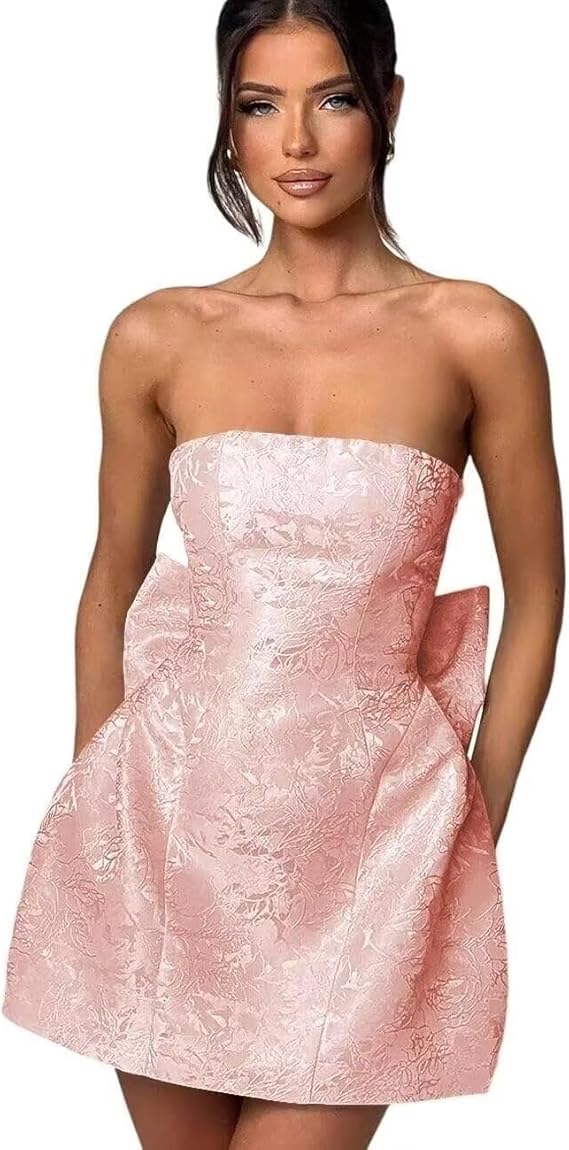 Strapless Short Ball Gown Sleeveless Lace up Jacquard Satin Homecoming Dress with Bow