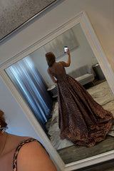 Long Spaghteei Straps Brown Leopard A-Line Prom Dress with Slit