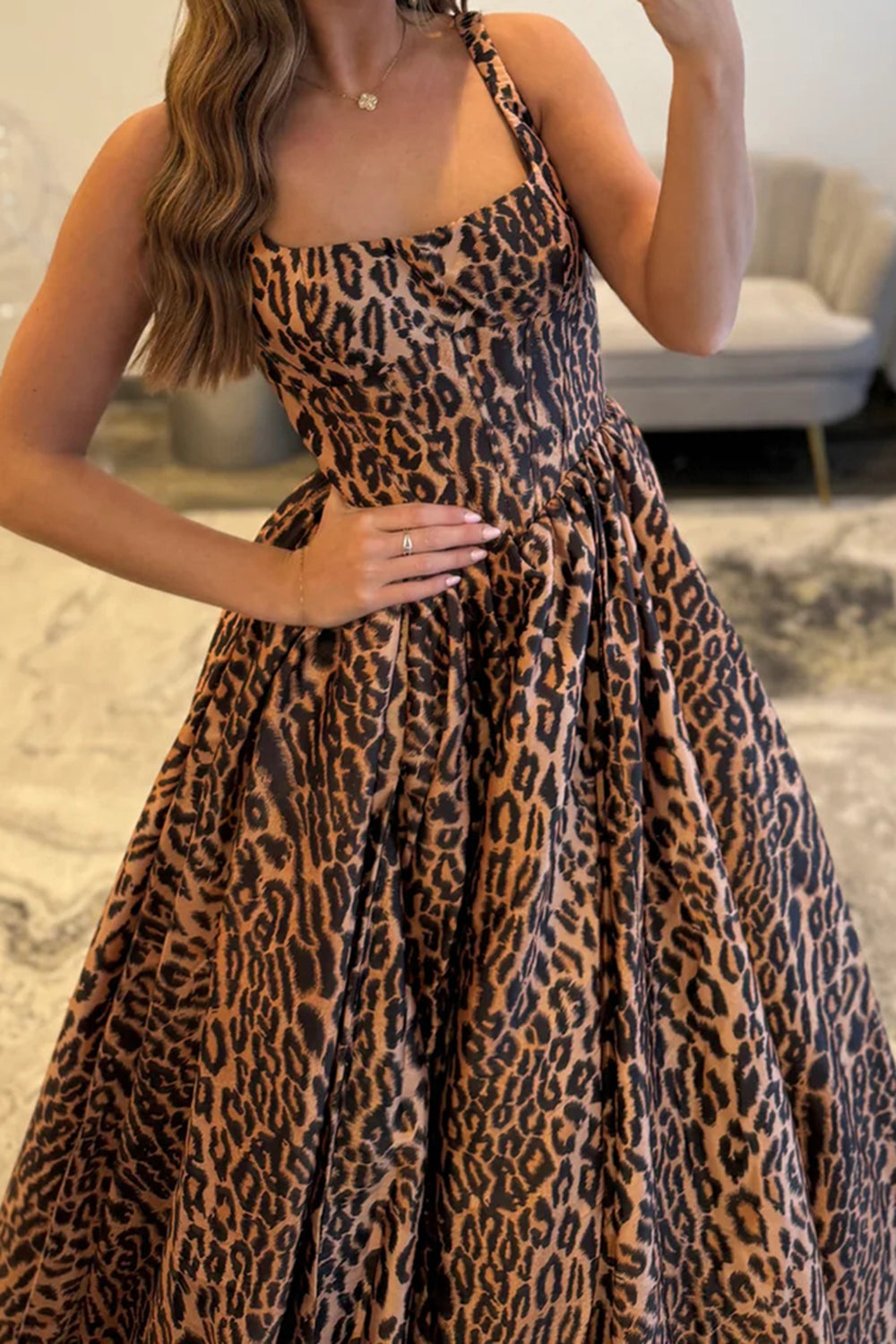 Long Spaghteei Straps Brown Leopard A-Line Prom Dress with Slit